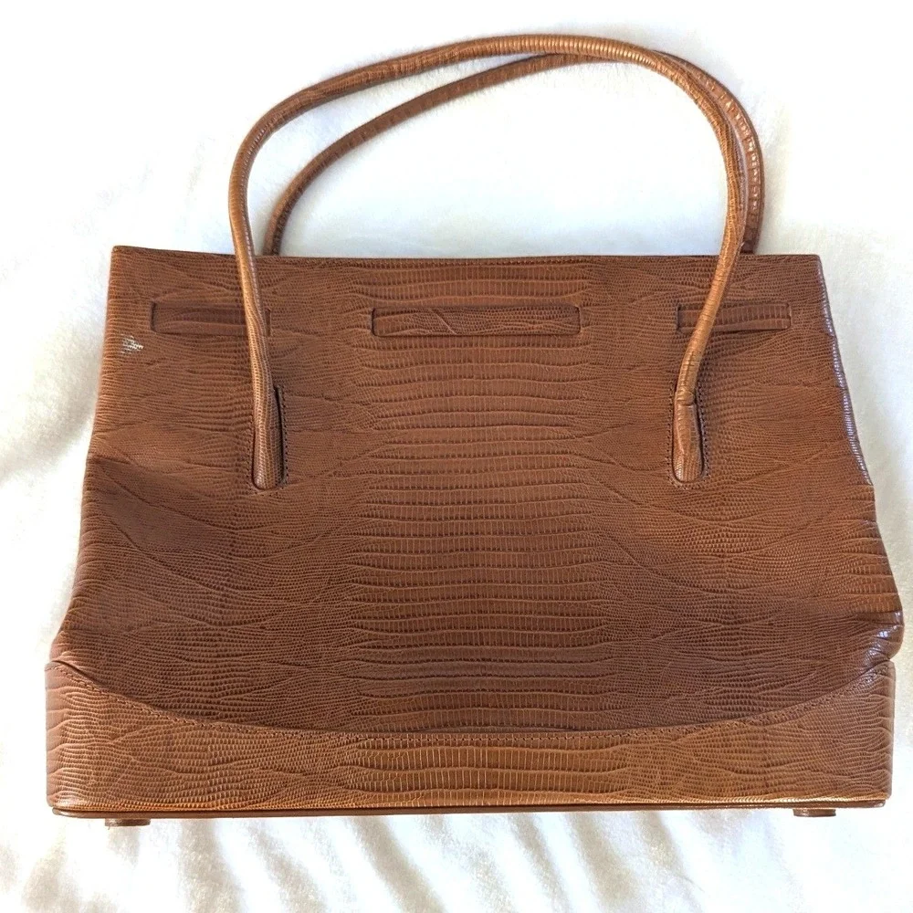 Vtg Ann Taylor Brown Cognac‎ Embossed Leather Satchel Bag Structured Work Tote